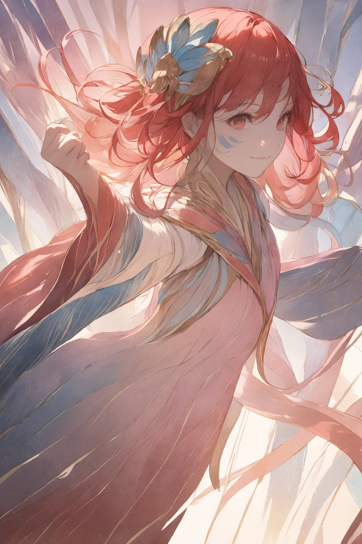 A young, cheerful woman with short, vibrant red hair, large bust, wearing form-fitting fantasy-inspired leather armor that suggests agility and freedom of movement, smiling confidently, standing in a lush, sunlit forest with soft rays of light filtering gently through dense foliage, Japanese animation tone, acrylic watercolor painting style, hyper-detailed facial features, intricate linework, vibrant pastel color palette, subtle shading, delicate brushstrokes, exquisite textures, hand-painted feel, ultra-sharp focus, 8k UHD, extremely realistic lighting, cinematic framing, atmospheric depth, polished and refined composition, professional illustration quality, masterpiece-level detailing, no unwanted artifacts, perfect anatomy and proportions, slightly dynamic pose, visually striking contrast, aesthetically pleasing balance, impeccable rendering of materials, natural skin tones, subdued background elements that enhance subject focus, premium-grade illustration, vibrant yet harmonious hues, hint of gentle breeze indicated by slight movement in her hair, graceful and confident demeanor