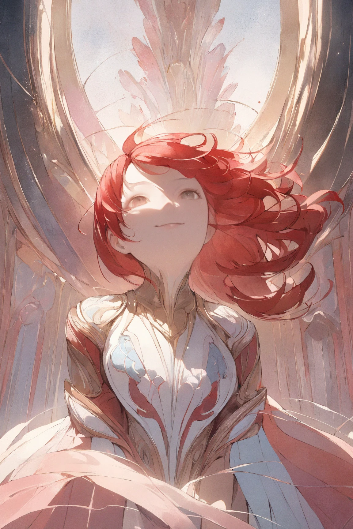 A young, cheerful woman with short, vibrant red hair, large bust, wearing form-fitting fantasy-inspired leather armor that suggests agility and freedom of movement, smiling confidently, standing in a lush, sunlit forest with soft rays of light filtering gently through dense foliage, Japanese animation tone, acrylic watercolor painting style, hyper-detailed facial features, intricate linework, vibrant pastel color palette, subtle shading, delicate brushstrokes, exquisite textures, hand-painted feel, ultra-sharp focus, 8k UHD, extremely realistic lighting, cinematic framing, atmospheric depth, polished and refined composition, professional illustration quality, masterpiece-level detailing, no unwanted artifacts, perfect anatomy and proportions, slightly dynamic pose, visually striking contrast, aesthetically pleasing balance, impeccable rendering of materials, natural skin tones, subdued background elements that enhance subject focus, premium-grade illustration, vibrant yet harmonious hues, hint of gentle breeze indicated by slight movement in her hair, graceful and confident demeanor