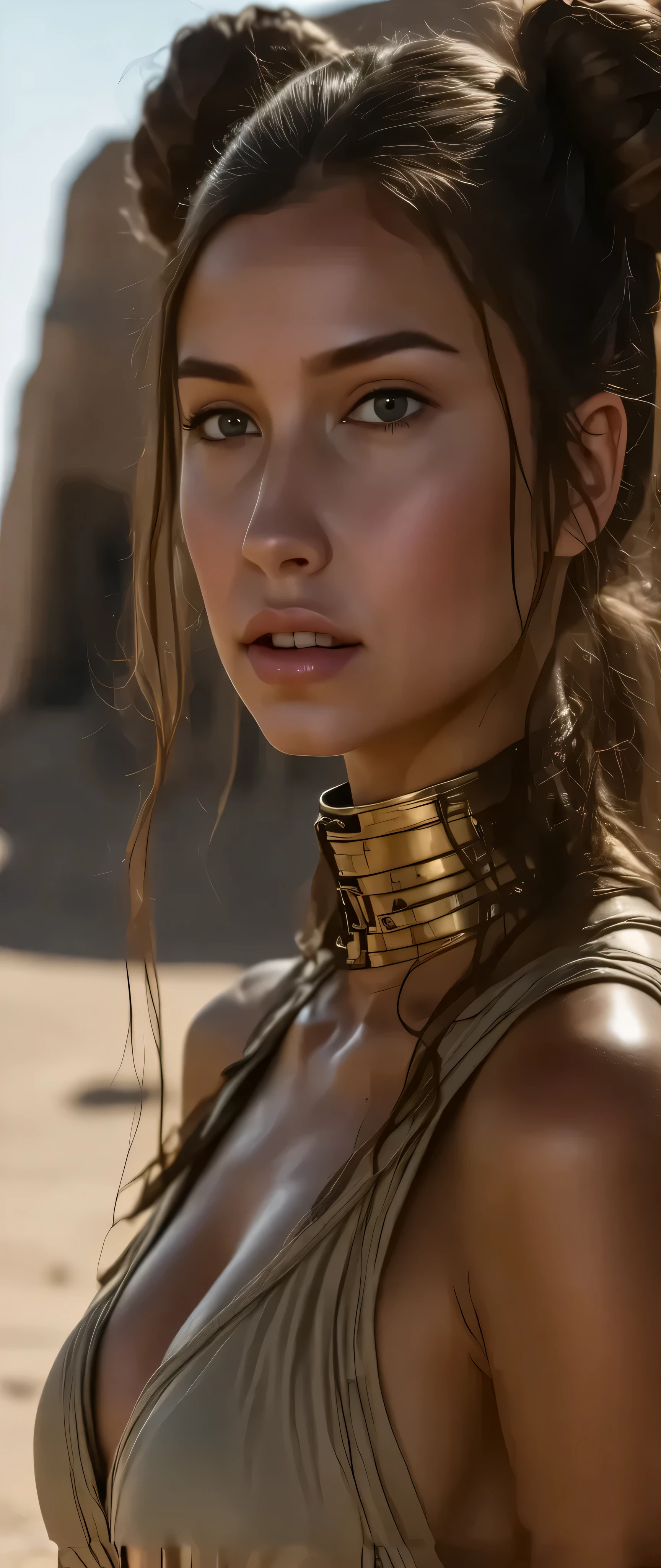 (1girl,(princess leia,star wars),((alien_harem)),planet Tatooine,(((hair_buns))),((((slave_outfit)))),((chackles)),(((full_body))),detailed face,beautiful detailed eyes,beautiful detailed lips,extremely detailed eyes and face,long eyelashes,realistic,photorealistic,photo-realistic:1.37,best quality,4k,8k,32k,highres,masterpiece:1.2,ultra-detailed,vibrant colors,dramatic lighting,cinematic)