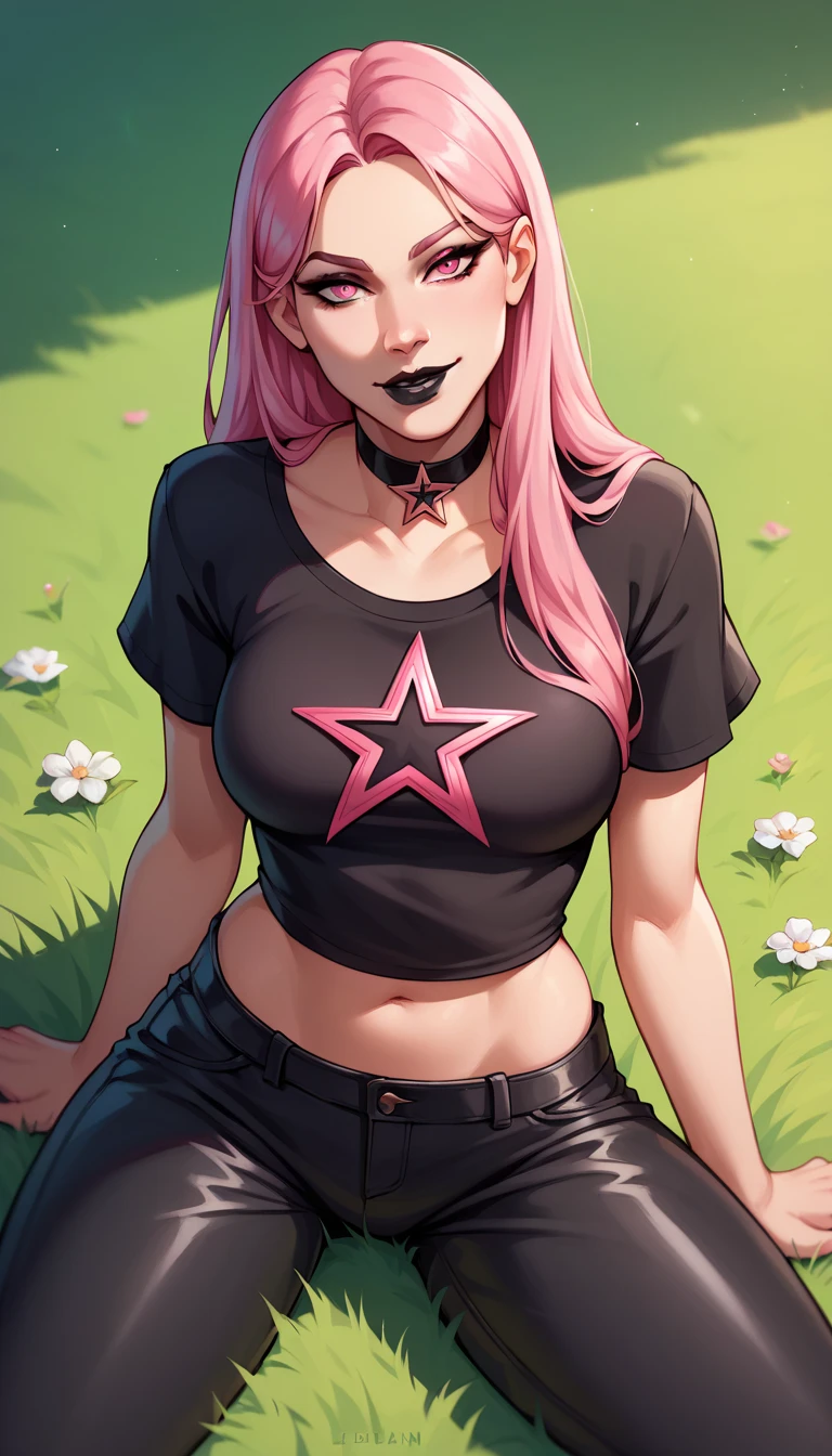 BREAK,  HazeFN, pink hair, black lipstick, long hair, pink eyes, black shirt, short sleeves, midriff, leather pants, choker, star print, grass, seductive smile, looking at viewer,  breasts, 1 girl, solo,