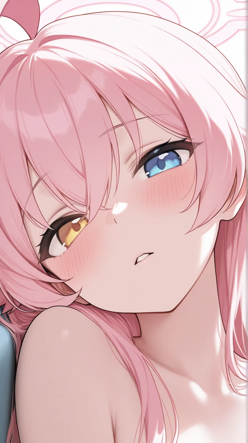 table top, highest quality,   1 girl,Komeiji Satori,Ahoge, pink hair,pink eyes(heart-shaped pupil),short hair,hair band,  3rd eye, bedroom background,Sexy、Slender、full nude、Courtship attitude、Only the upper body is visible、beautiful breasts、Close-up、Face during estrus、blush