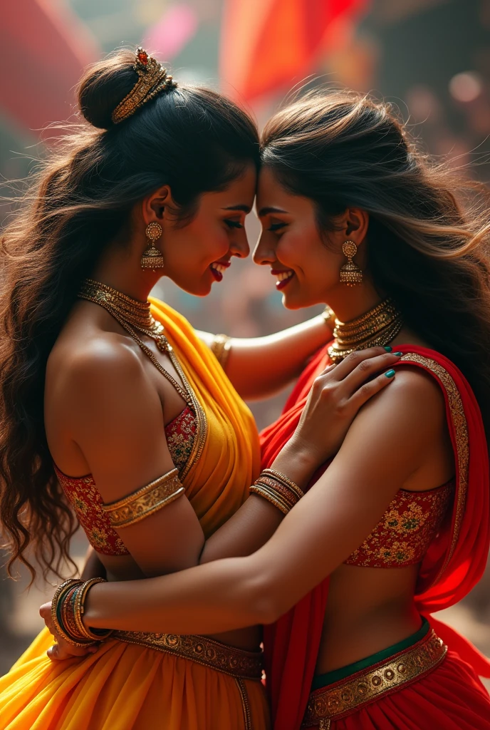 Two women in saree and matching deep u neck blouse with strings , hair loose with a single clip. Both women standing face to face staring into each other's eyes. Right fingers of one woman scratching back of other woman. Both women catfight with angry facial expression with full of hatred