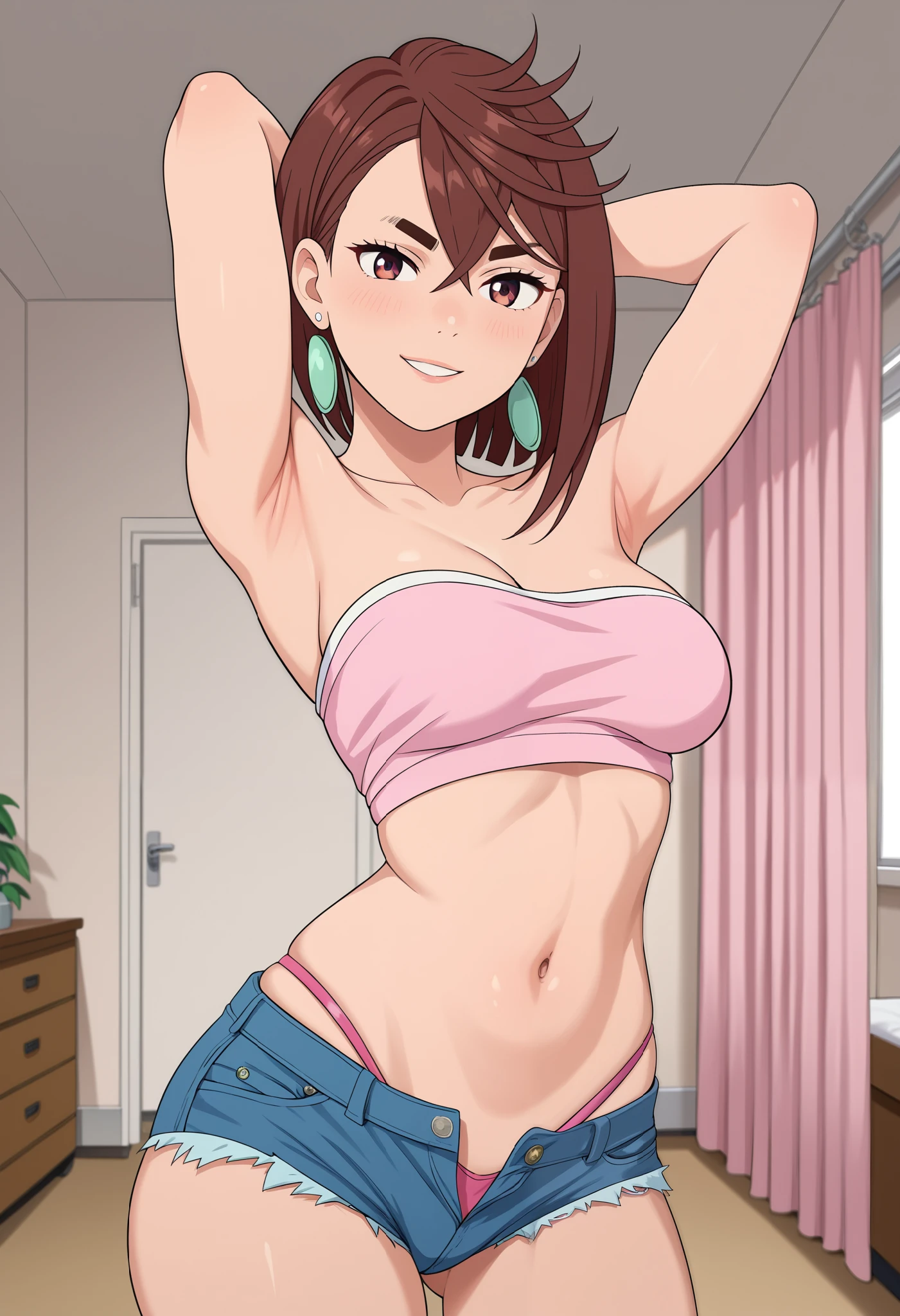 momo ayase, short hair, brown hair, brown eyes, bangs, thick eyebrows, medium breasts, masterpiece, (cowboy shot), pink bedroom background, bedroom,  bangs, midriff, (pink tube top), denim hotpants, open fly, gyaru clothes, thighighs, light blush, seductive smile, arms behind head, earrings, solo