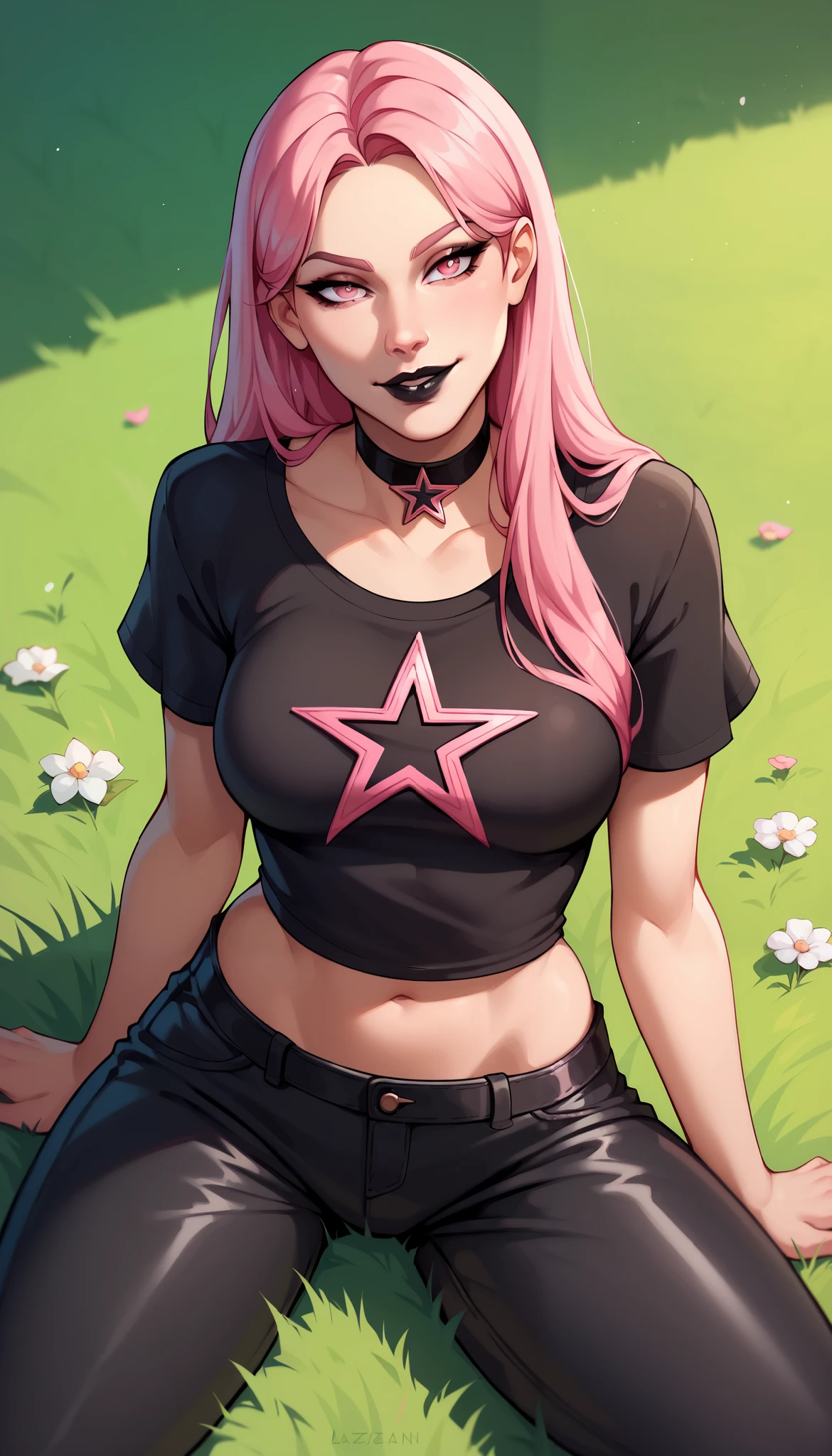 BREAK,  HazeFN, pink hair, black lipstick, long hair, pink eyes, black shirt, short sleeves, midriff, leather pants, choker, star print, grass, seductive smile, looking at viewer,  breasts, 1 girl, solo,