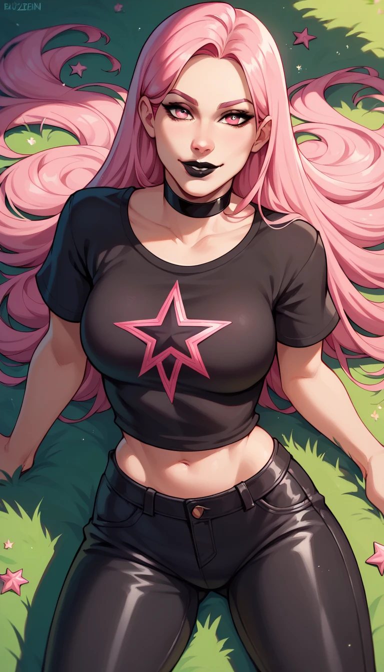 BREAK,  HazeFN, pink hair, black lipstick, long hair, pink eyes, black shirt, short sleeves, midriff, leather pants, choker, star print, grass, seductive smile, looking at viewer,  breasts, 1 girl, solo,