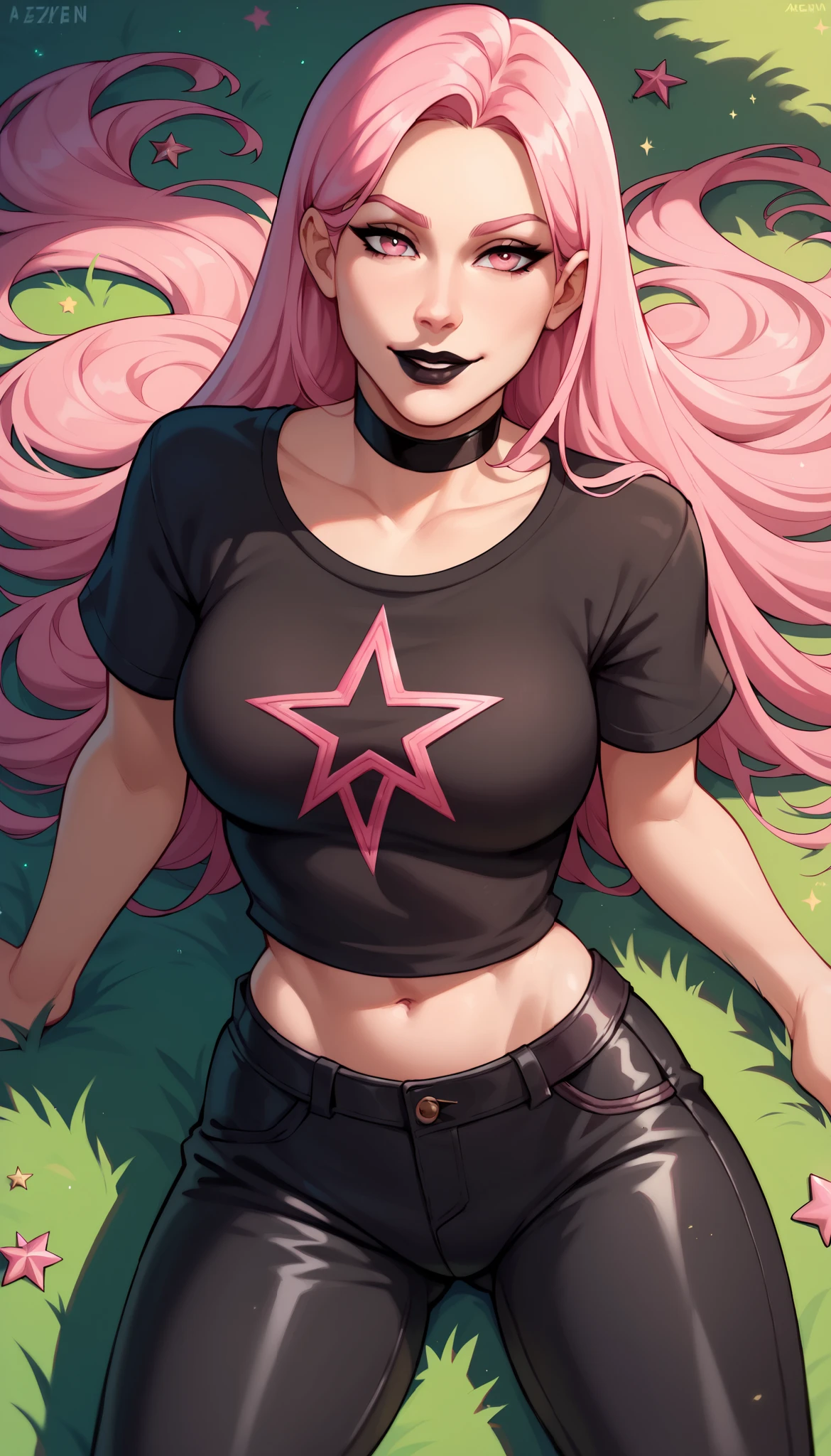 BREAK,  HazeFN, pink hair, black lipstick, long hair, pink eyes, black shirt, short sleeves, midriff, leather pants, choker, star print, grass, seductive smile, looking at viewer,  breasts, 1 girl, solo,