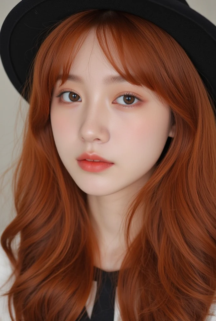 a close up of a woman with long red hair wearing a hat, lalisa manobal, ulzzang, lalisa manoban of blackpink, with round face, young adorable korean face, wan adorable korean face, soft round face, with bangs, neat hair with bangs, fluffy bangs, small round face, korean girl, with cute - fine - face, jossi of blackpink, roseanne of blackpink, ulzzang, jenni of blackpink, jossi, rosé, jenni, lalisa