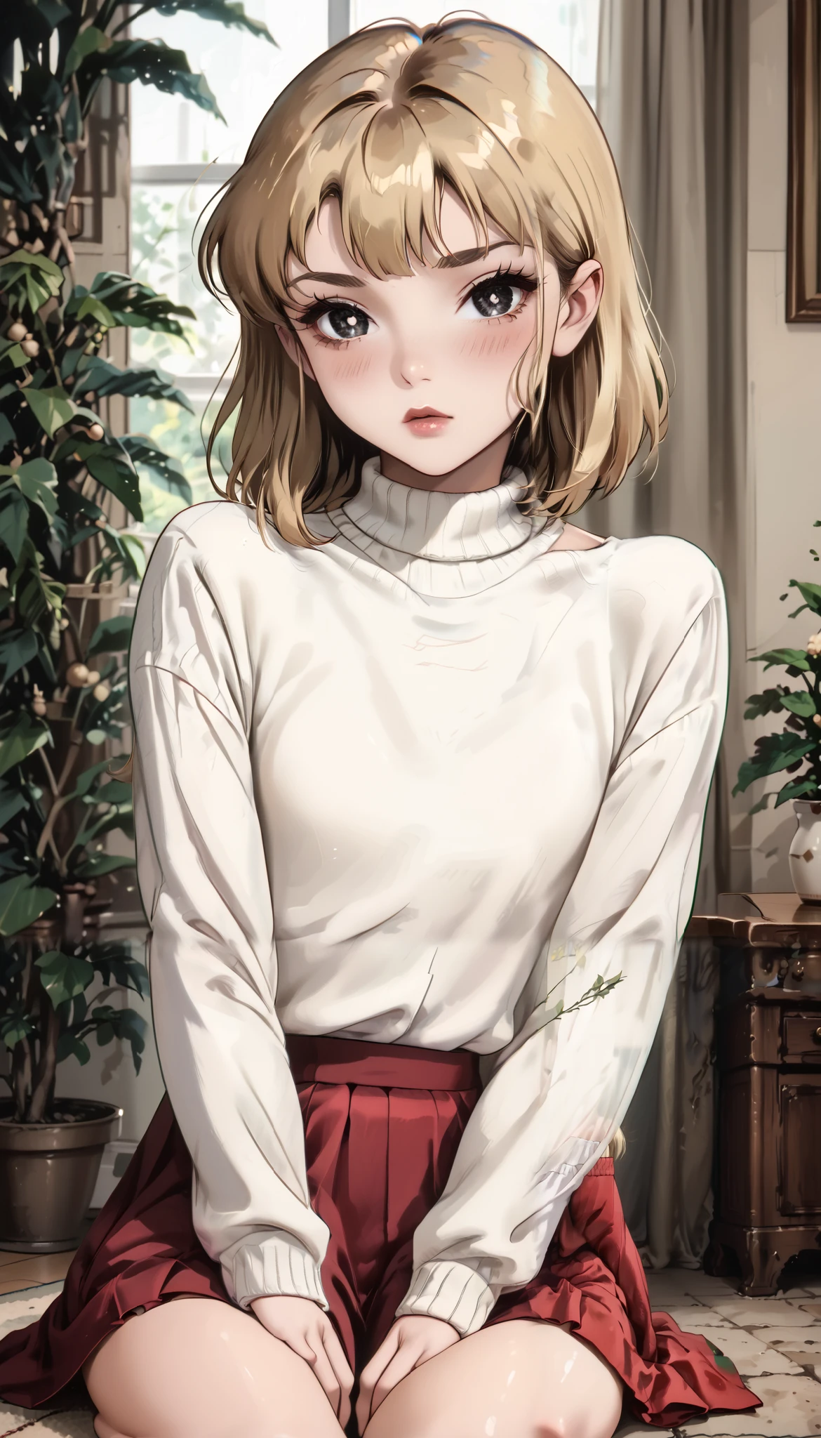 1 girl, Shizuka, blonde hair, black eyes, blunt bangs, medium hair, (sitting on floor with knees hugged:1.2), nsfw, (cameltoe), (skirt up), (blushing:1.2), (lips parted), bare shoulders, red skirt, (white sweater), long sleeves, off shoulder, off shoulder sweater, puffy sleeves, skirt, sweater, white ribbon, (medium bust), standing, curtains, houseplant, looking at viewer,, (upskirt), (panties fully visible), (masterpiece:1.2), best quality, high resolution, 8k wallpaper, (illustration), (beautiful detailed eyes), highly detailed face, perfect lighting, highly detailed CG, (perfect hands, perfect anatomy)