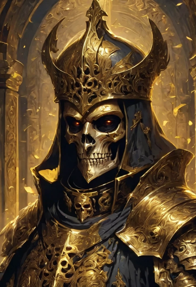 inquinia, (masterpiece, best quality, ultra-detailed, best shadow), (detailed background, dark fantasy), templari, priest, medieval armor full gold. skull face gold, clothe black and little gold, League of legends stile.