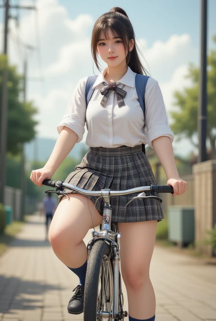 Masterpiece, 8k, Photorealistic, Raw photo, top-quality, Beautiful Japanese High school girl, Photorealistic, (Plump breast:1.3), Dynamic angle, 
school uniform, Check pattern pleated skirt, Dark blue socks, Coin-Lofer, Straddling a bicycle, legs spread apart, toes landing on the ground, White blouse, dark blue Butterfly styled check-pattern ribbon at collar, plaid pleated skirt, carrying Brack backpack , (From below1.3), morning, Ponytail, Sunshine, Closeup,