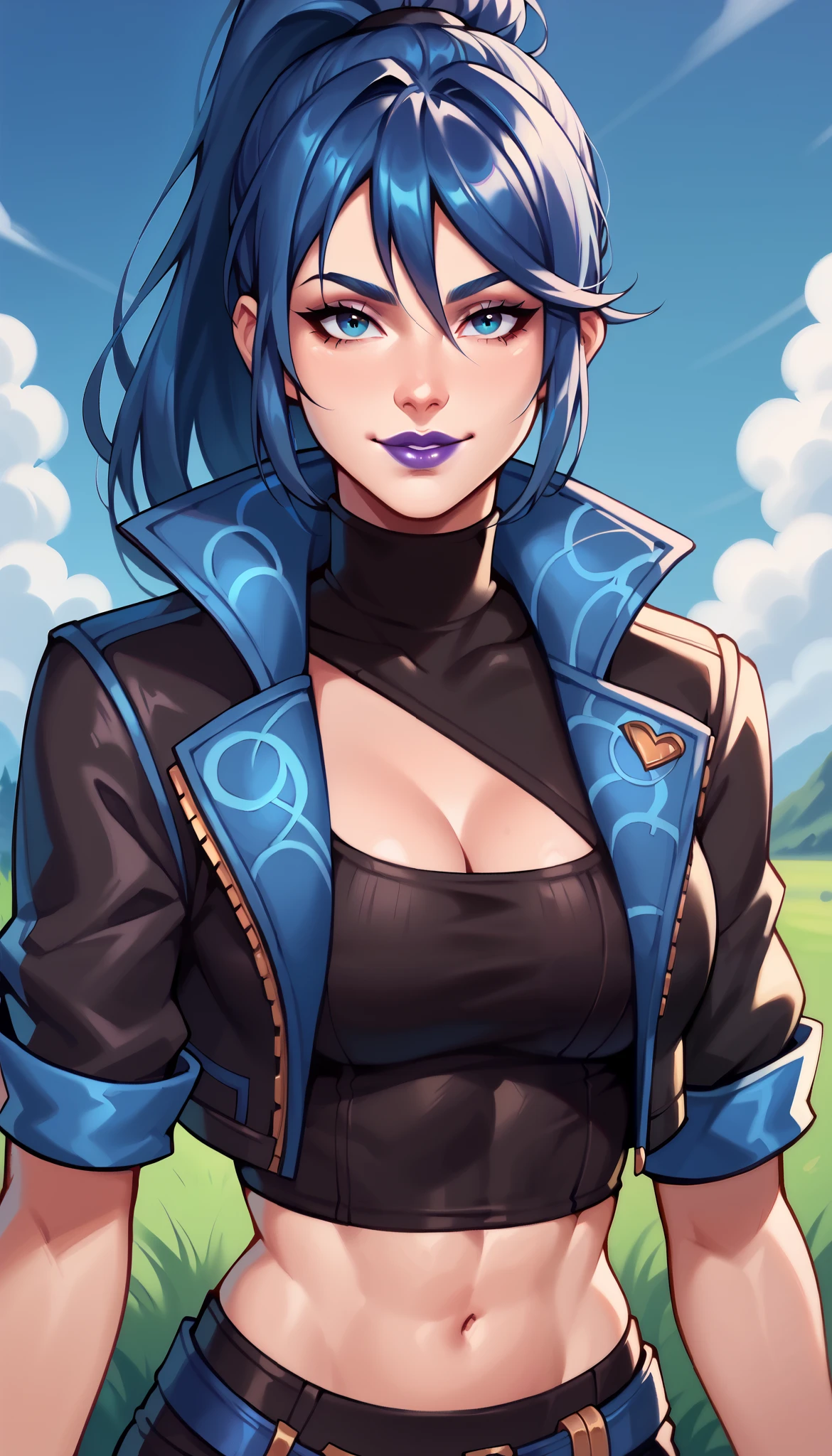 BREAK,  FNHeroHop, blue hair, ponytail, blue eyes, purple lips, open collared jacket, clothing cutout, short sleeves, black turtleneck, midriff, fingerless gloves, grass, seductive smile, standing looking at viewer,  breasts, 1 girl, solo,