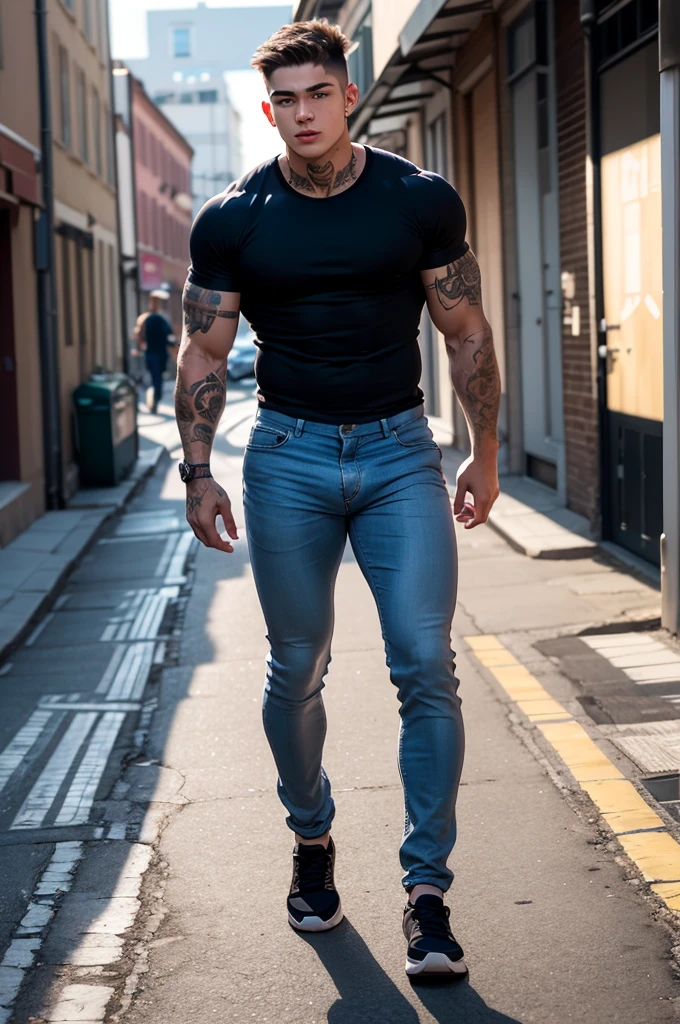 Man in off-white clothes, American round inch head, Buzz cut, national character face, tall and burly, muscular male hero, heroic male pose, muscular! Wearing skins brand bodysuit tights, black hair, super gain and cool, high resolution committee, character design cycling enthusiast, sneakers, attractive strong man, jeans