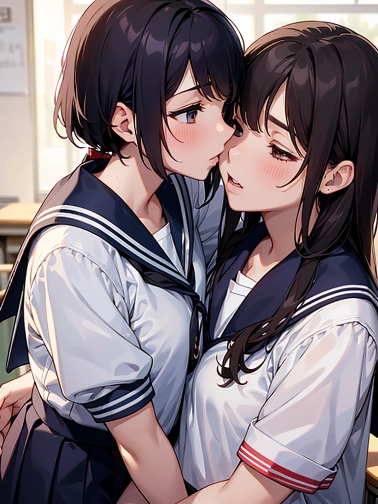 "twogirls，Hold each other tight，Mouth to mouth，in a school"