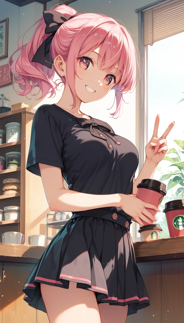 score_9, score_8_up, score_7_up,source_anime,anatomically correct, 1 cute girl, pink hair, ponytail, black ribbon, pink eyes,  mouth、Smile, medium breasts, black onepiece,mini skirt,Scale4  　piece sign, Inside the Coffee Shop　椅子に座る