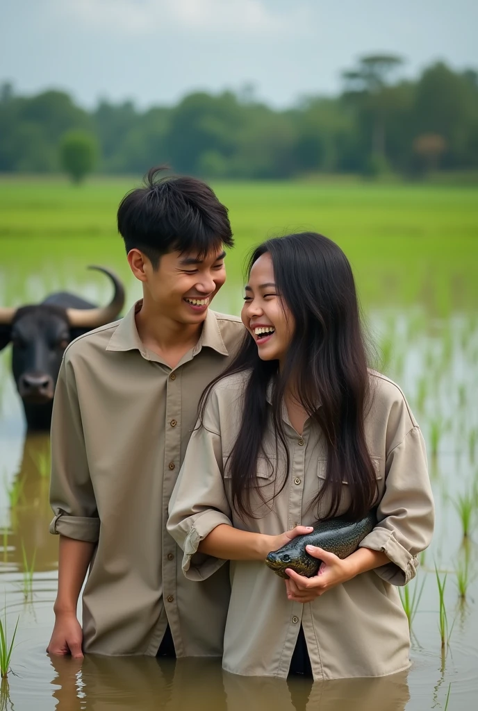 Draw a realistic picture of a man and a woman sitting on a rice field eating rice, ada anjing, duck and cat, butterfly 