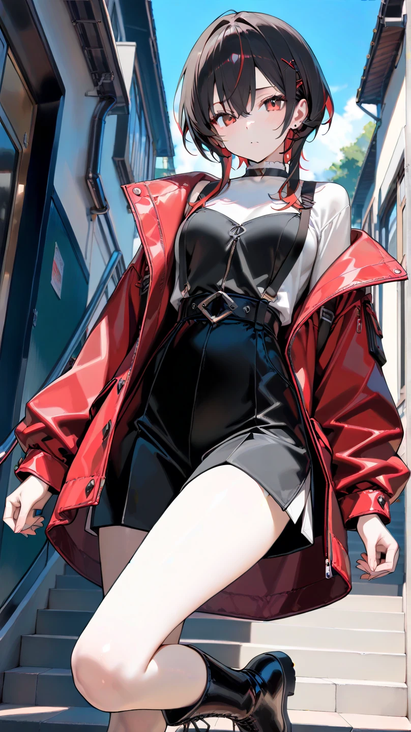 ((Highest quality)), ((masterpiece)), (Familiar), Hazy, Female,Mature Woman,Purple Hair, short hair, Low Ponytail, eye shadow, lipstick, Red eyes,Black Shirt,Large Breasts,Cleavage,Red and black jacket,White tight skirt,Red Heels