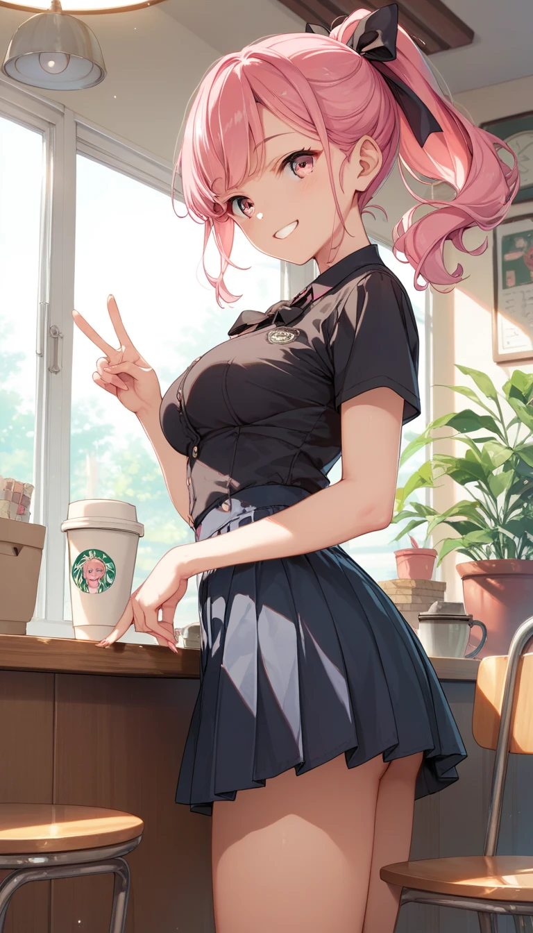 score_9, score_8_up, score_7_up,source_anime,anatomically correct, 1 cute girl, pink hair, ponytail, black ribbon, pink eyes,  mouth、Smile, medium breasts, black onepiece,mini skirt 　piece sign, Inside the Coffee Shop　椅子に座る