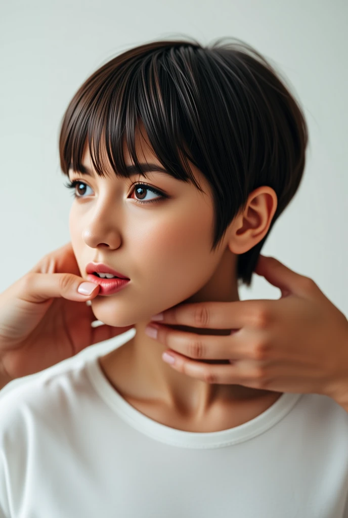 A beautiful young european woman's decapitated head on a plate. She looks half side view, looks straight. No blod. She has beautiful straight, thick, smooth, silky, brunette, short pixie hair, with bangs. The woman's face showing fear. Her eyes and mouth are wide open. A hand holds her chin, anather hand grabs her neck hard. Light background.