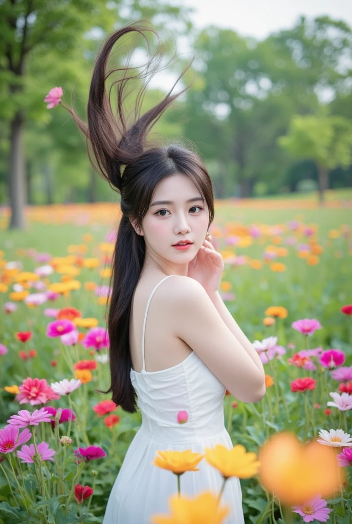 Woman, ponytail, long, flowing hair, Hair floats up, hair floats up , Long hair wearing a black shirt poses in a field of flowers, beautiful south beautiful asian girl, Thai anime, 3 D, 8k, Shot with a high quality Fuji camera, quality 45.,000,000 pixels, realistic light colors,korean woman, beautiful young korean woman, gorgeous young korean woman, Chinese girl, Gorgeous Chinese model, Korean girl, beautiful asian girl, korean woman, Chinese woman,