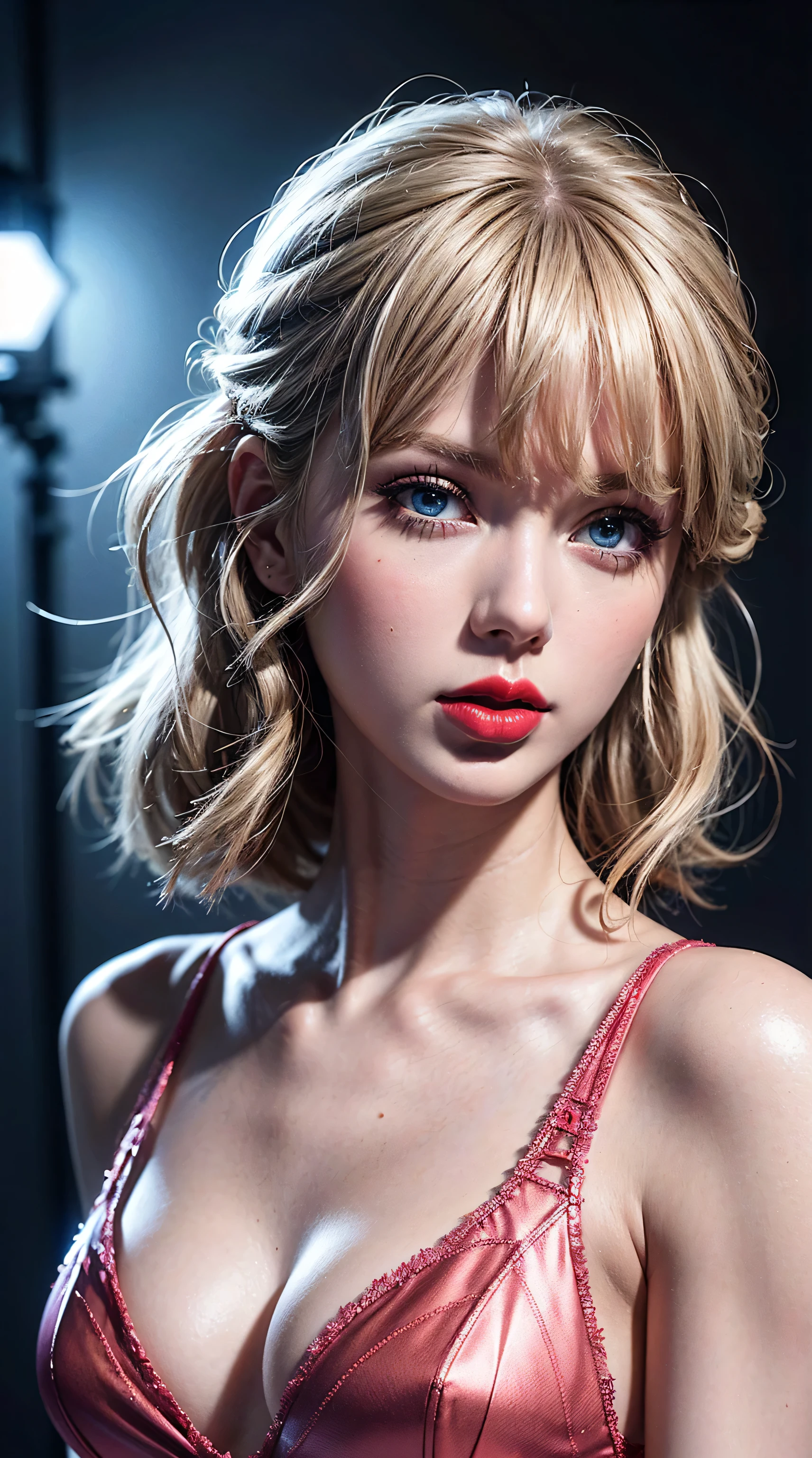 professional photography, {{{Ultra realistic portrait a Taylor Swift:1.4}}}, 25yo, pale skin, detailed facial features, close-up face, (apply glossy red_lipstick:1.3), (pink_makeup:1.28), (Intricate detail, light blue eyes), intricate hairstyle, elegant expression, graceful posture, complex clothing, highly detailed, photorealistic, cinematic lighting, dramatic atmosphere, digital painting, masterpiece
