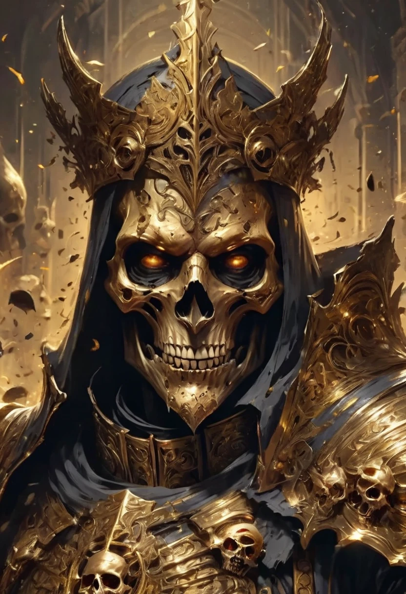 inquinia, (masterpiece, best quality, ultra-detailed, best shadow), (detailed background, dark fantasy), templari, priest, medieval armor full gold. skull face gold, clothe black and little gold, terror in face, crazy, League of legends stile.