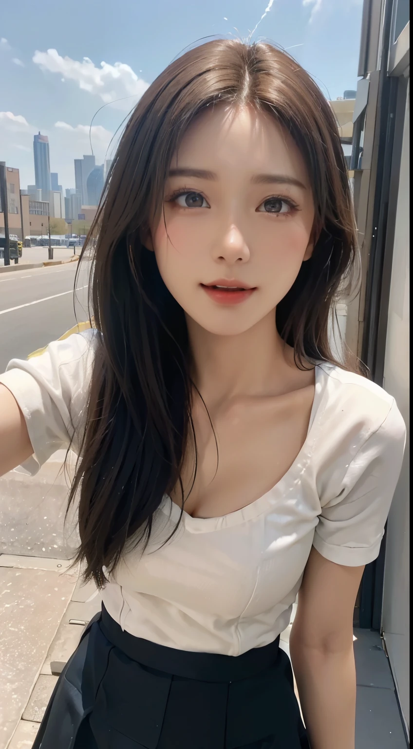 ((Best picture quality, 8k, tmasterpiece: 1.3)), self-shot, Sharp focus: 1.2, A cute beauty with a perfect figure: 1.4, Slim big breasts, ((Brown hair black)) , (whitet-shirt，pleatedskirt，Highly detailed face，Happy expression，standing on your feet：1.2），（（A city with blue skies and white clouds，At the cafe：1.3. Produced with a major focus on women）），Highly detailed facial and skin texture，Detailed eyes， double eyelids in judo uniforms