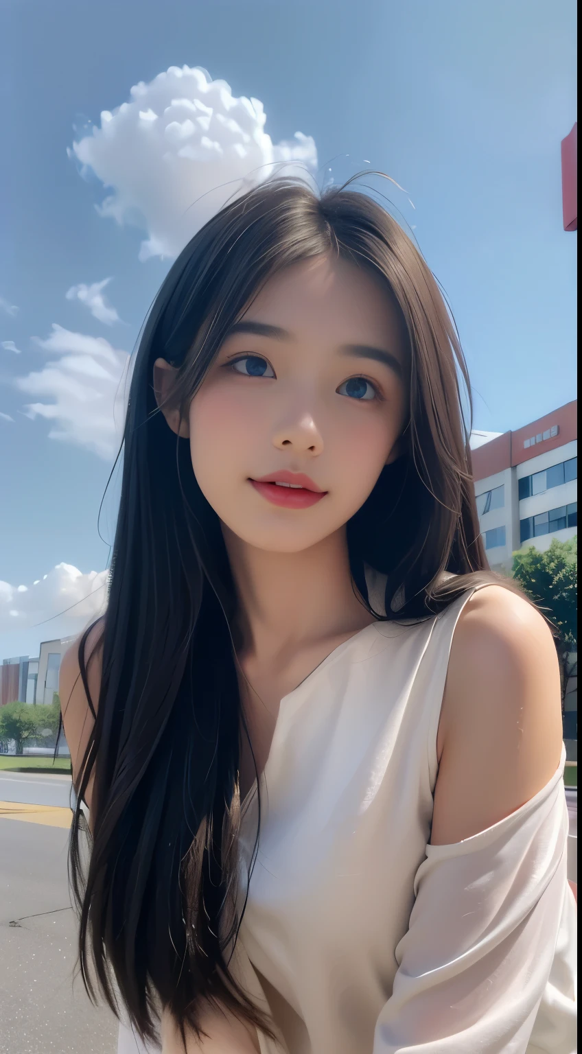 ((best qualtiy, 8k, tmasterpiece:1.3)), A pretty maiden，Pure，Melon seed face，gentle and cute，A sweet smile，Pure desire，Thin stature，(frontage)，(Tilt your head)，staring right into camera，uniform, Heart, formal，Black silky long, Straight hair，Long hair flowing over the shoulders，round black big eyes，Clear big eyes，Hydrated red lips，Sweet，sitted，with blue sky and white clouds，City