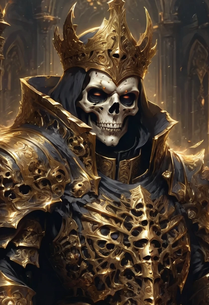 inquinia, (masterpiece, best quality, ultra-detailed, best shadow), (detailed background, dark fantasy), templari, priest, medieval armor full gold. skull face black, clothe black and little gold, terror in face, crazy, League of legends stile.