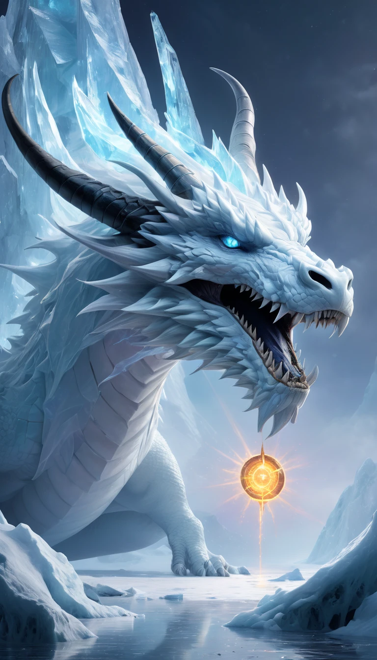 (((Ultra-realistic))) photograph, (highly detailed face), ((beam)). A hyper-realistic depiction of a massive, pure white dragon with two sharp, curved horns growing from its head, standing imposingly on an ice-capped iceberg in a frozen, tundra-like world. Its sleek, icy scales glisten in the cold light, reflecting the surrounding frozen landscape. The dragon's powerful body is surrounded by a vibrant, rainbow-colored aura that radiates from every part of its being, interwoven with an ominous black aura that seeps from its form like smoke, creating a stark contrast. From its open mouth, a blinding beam of energy bursts forth, cutting through the icy air and illuminating the frozen landscape with an intense, otherworldly glow. Its piercing, icy-blue eyes blaze with fury, locked onto the vast, empty horizon as if challenging any who dare to oppose it. The stark, icy surroundings are cast in a kaleidoscope of shifting light from the combined glow of the rainbow and black auras, as well as the radiant beam, amplifying the dragon's overwhelming, awe-inspiring presence in this desolate, frozen realm