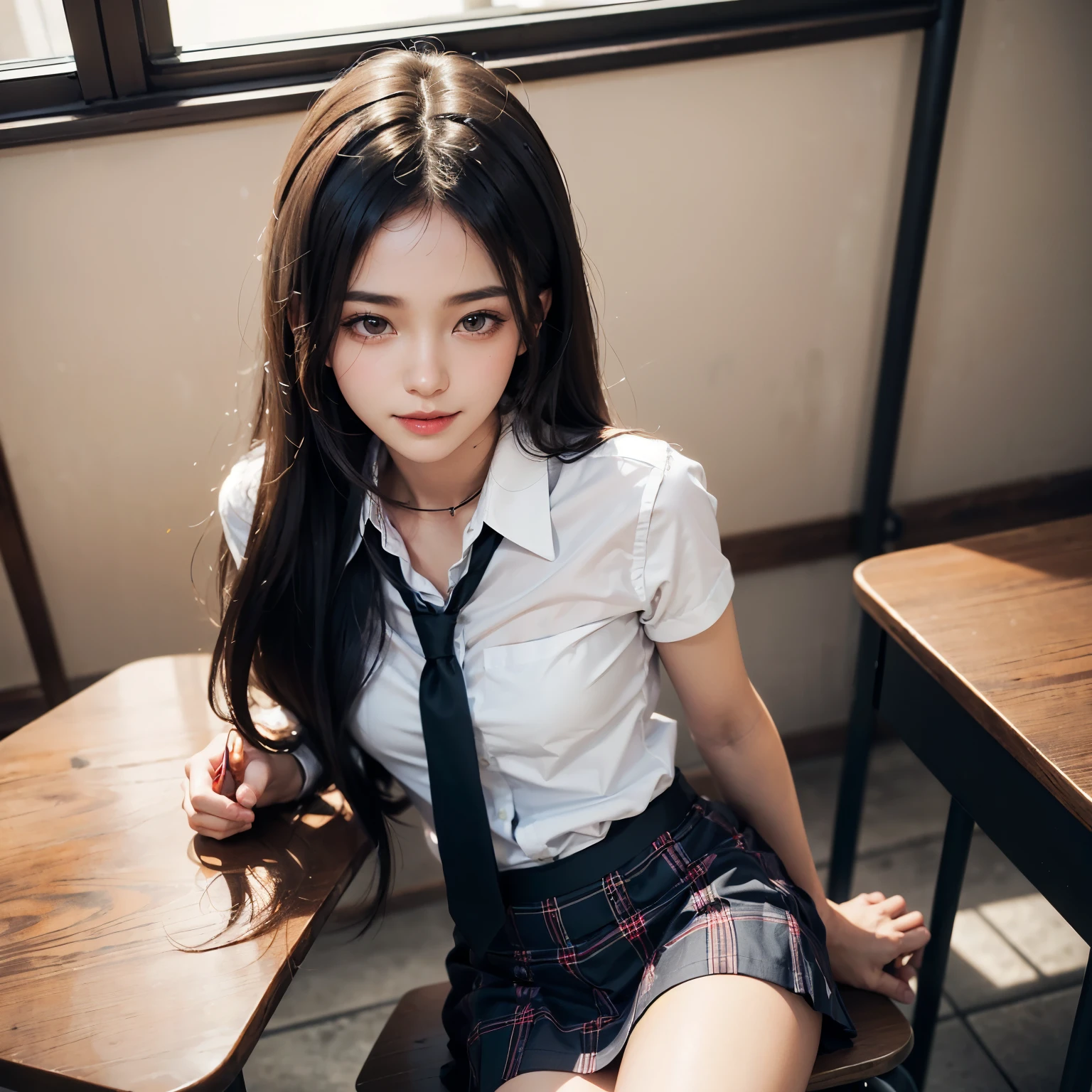 place：(day:1.7), Cyberpunk_CityView, Before Window, Action：sitting at attention,sitting in the couch, trappings：(school uniform), ((Green skirt)), ((White shirt)), (Short causeway), 鎖骨 , Pleated skirt, Collared shirt, kneehighs, White socks, sweater vest, ((Red sweater vest)), The character：white ice, the hair：(Blue eyes)), black color hair, ((hair between eye)), ahoge, ((hair adornments)), bangs, Long hair, ((star hair ornament)), Star \(symbol\), Role locking： 1 girl,Solo,young 17 years old,Beautiful Finger,Beautiful long legs,Beautiful body,Beautiful nose,Beautiful character design, Perfect eyes, Perfect face, Eye expressions： view the viewer, (Innocent_Big_Eyes:1.0),(Expressionless:1.3), quality: offcial art,Extremely detailed Cg Unity 8K wallpapers, Perfect lighting,Colorful, Bright_Front_face_lighting, (Masterpiece:1.0),(Best_quality:1.0), 超A high resolution,4K,Ultra-detailed, Photography, 8K, hdr, A high resolution, absurderes :1.2, Kodak Portra 400, filmgrain, The background is blurred out, Bokeh:1.2, Lens flare, (vibrant_Color:1.2) big breasts body: (Beautiful, Large_Breasts:1.2), (Beautiful_face:1.5),(Narrow_waistup),