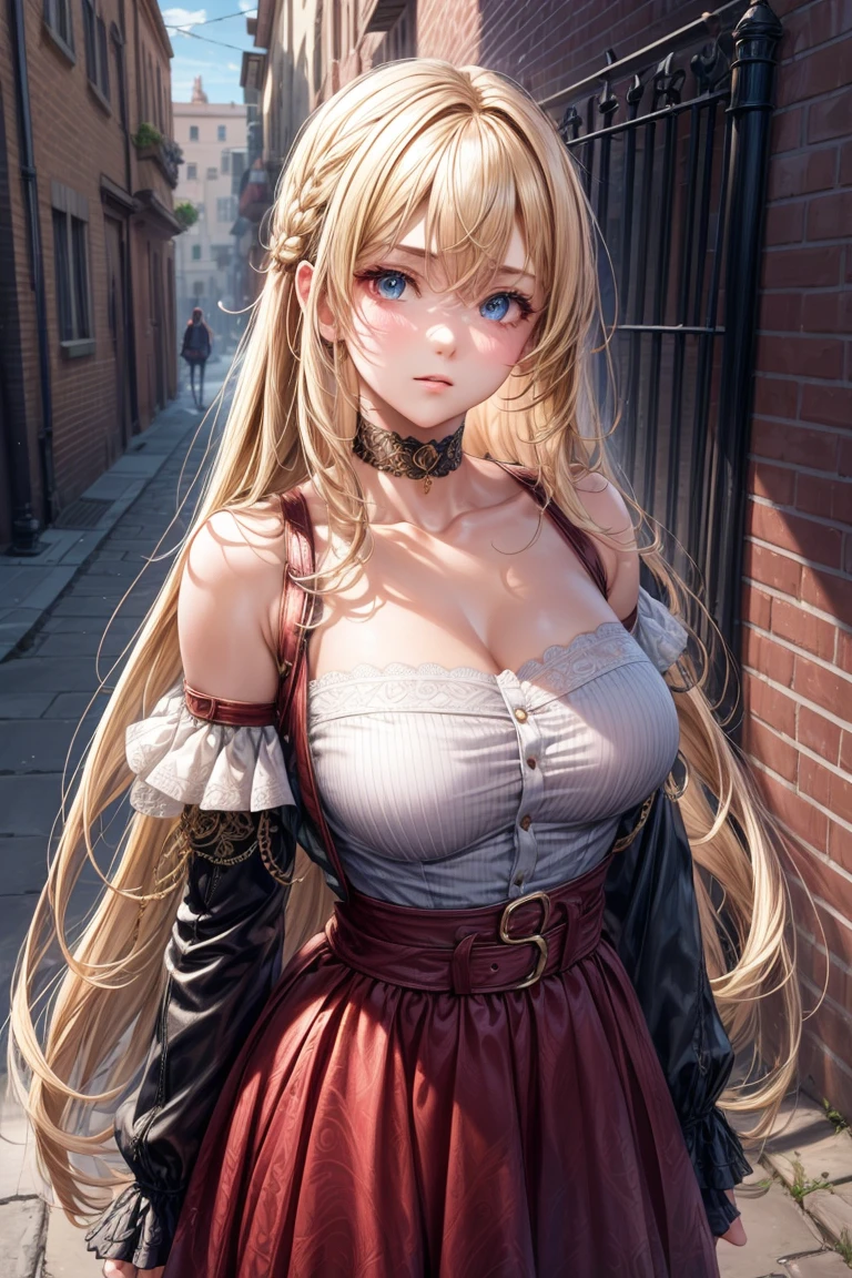 ultra realistic 8k cg, masterpiece, (( Super Fine Background ,  Exquisite pattern ,  Intricate Details )),  best quality ,  Intricate Details s, Chromatic Aberration, 1 Girl,  long hair,  blonde hair,  messy hair ,  Red highlights ,  hair covering one eye ,  sharp eyes , choker, Brick Wall, Graffiti, Dim lighting , alley,  Oversized shirt ,off shoulder,  wearing a clear white shirt , masterpiece,  best quality 