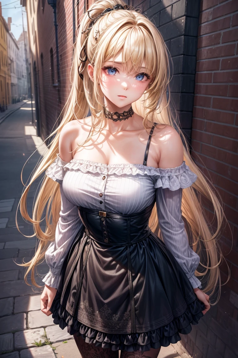 ultra realistic 8k cg, masterpiece, (( Super Fine Background ,  Exquisite pattern ,  Intricate Details )),  best quality ,  Intricate Details s, Chromatic Aberration, 1 Girl,  long hair,  blonde hair,  messy hair ,  Red highlights ,  hair covering one eye ,  sharp eyes , choker, Brick Wall, Graffiti, Dim lighting , alley,  Oversized shirt ,off shoulder,  wearing a clear white shirt , masterpiece,  best quality 