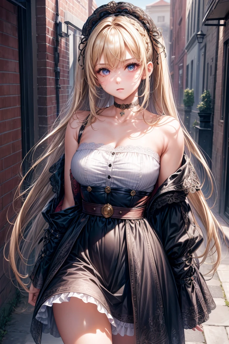 ultra realistic 8k cg, masterpiece, (( Super Fine Background ,  Exquisite pattern ,  Intricate Details )),  best quality ,  Intricate Details s, Chromatic Aberration, 1 Girl,  long hair,  blonde hair,  messy hair ,  Red highlights ,  hair covering one eye ,  sharp eyes , choker, Brick Wall, Graffiti, Dim lighting , alley,  Oversized shirt ,off shoulder,  wearing a clear white shirt , masterpiece,  best quality 