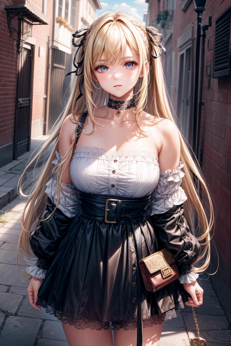 ultra realistic 8k cg, masterpiece, (( Super Fine Background ,  Exquisite pattern ,  Intricate Details )),  best quality ,  Intricate Details s, Chromatic Aberration, 1 Girl,  long hair,  blonde hair,  messy hair ,  Red highlights ,  hair covering one eye ,  sharp eyes , choker, Brick Wall, Graffiti, Dim lighting , alley,  Oversized shirt ,off shoulder,  wearing a clear white shirt , masterpiece,  best quality 