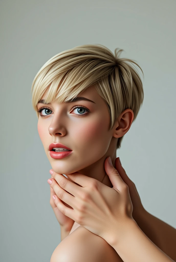 A beautiful young european woman's decapitated head on a plate. She looks half side view, looks straight. No blod. She has beautiful straight, thick, smooth, silky, dark blonde, short pixie hair, with bangs. The woman's face showing fear. Her eyes and mouth are wide open. Hands tightly grasp the woman's neck. Light background.