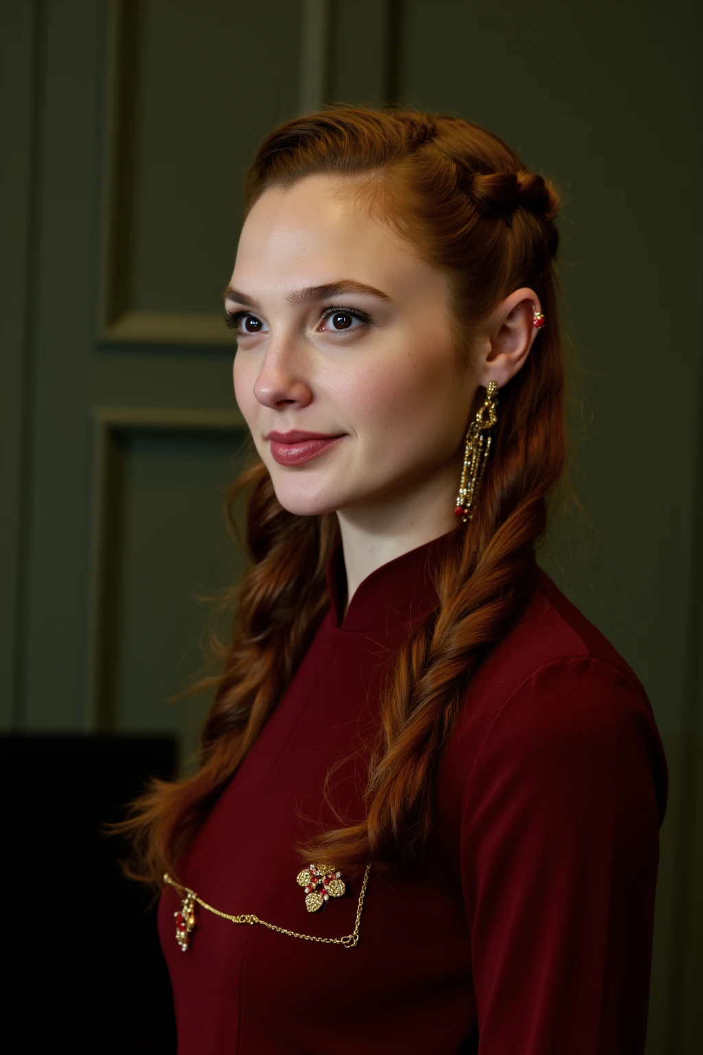 This is a photograph of a teen girl with striking red hair styled in elaborate braids. Her hair is intricately woven into a series of braids that cascade down her shoulders, with a few strands framing her face. She has a fair complexion and is wearing a deep red dress with gold accents, which adds a regal and historical touch to her attire. The dress has a high neckline and appears to be made of a luxurious fabric, possibly silk or velvet, with a subtle sheen that enhances its texture. She accessorizes with gold jewelry, including a pair of large, dangling earrings that feature intricate designs and small red beads. Her makeup is subtle yet elegant, with a soft pink lipstick and a light blush that complements her fair skin. The background is a muted, textured green that contrasts subtly with her vibrant attire, making her the focal point of the image. The overall style of the photograph is reminiscent of classical or historical portraiture, emphasizing both the woman's appearance and the rich, opulent details of her dress and accessories.,
Gal Gadot,