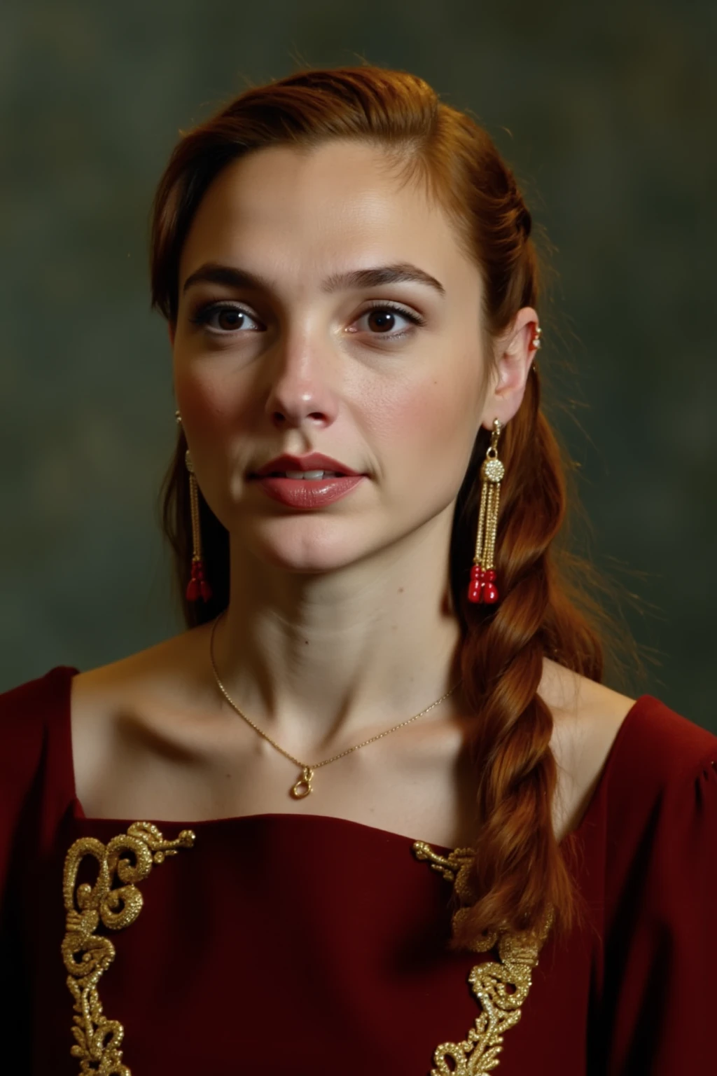 This is a photograph of a teen girl with striking red hair styled in elaborate braids. Her hair is intricately woven into a series of braids that cascade down her shoulders, with a few strands framing her face. She has a fair complexion and is wearing a deep red dress with gold accents, which adds a regal and historical touch to her attire. The dress has a high neckline and appears to be made of a luxurious fabric, possibly silk or velvet, with a subtle sheen that enhances its texture. She accessorizes with gold jewelry, including a pair of large, dangling earrings that feature intricate designs and small red beads. Her makeup is subtle yet elegant, with a soft pink lipstick and a light blush that complements her fair skin. The background is a muted, textured green that contrasts subtly with her vibrant attire, making her the focal point of the image. The overall style of the photograph is reminiscent of classical or historical portraiture, emphasizing both the woman's appearance and the rich, opulent details of her dress and accessories.,
Gal Gadot,