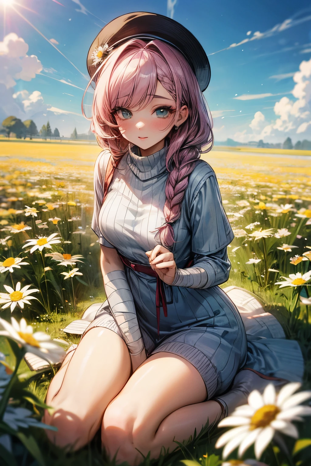  girl ,  Braided hair ,  Beautiful Makeup , lush hair, sweater,  ulybka, dress, hat,  bandage perfect anatomy, decorations, barrette , tender,  Beautiful,  better quality ,  sexy,  is sitting, field, daisies,  Sunny,  some clouds , Different flowers ,  Very Beautiful , delicate colors, bright colors,  complex ,  maximum quality,  as much detail as possible , wallpaper, Anime style, 8 k, 