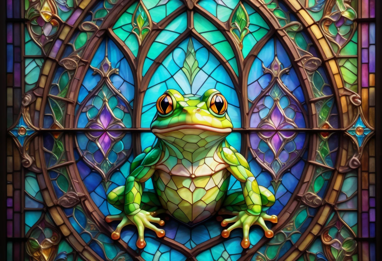 a stained glass window, stained glass window frame, dungeons and dragons art, symmetrical design, cute frog, digital stained glass effect, pastel color scheme,(best quality,4k,8k,highres,masterpiece:1.2),ultra-detailed,(realistic,photorealistic,photo-realistic:1.37),fantasy,illustration,ornate,intricate,detailed,vibrant colors,soft lighting,cathedral,gothic architecture,***maxim verehin stained glass***