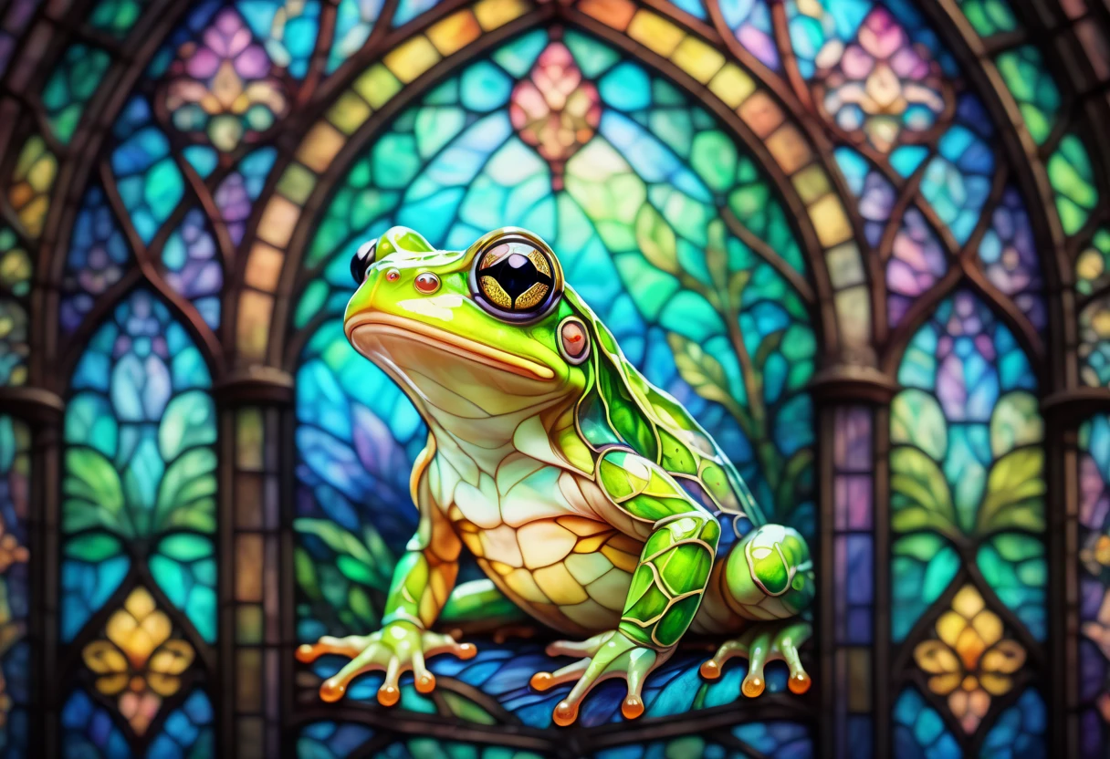 a stained glass window, stained glass window frame, cute frog, digital stained glass effect, pastel color scheme,(best quality,4k,8k,highres,masterpiece:1.2),ultra-detailed,(realistic,photorealistic,photo-realistic:1.37),fantasy,illustration,ornate,intricate,detailed,vibrant colors,soft lighting,cathedral,gothic architecture,***maxim verehin stained glass***