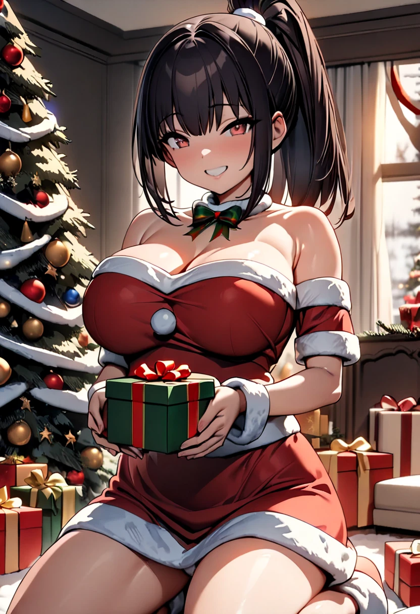 (  Masterpiece ,   top quality:1.2), (((One anime girl))) , (((Alone))),   Expressive Eyes ,  sexy, Santa girl costume, (((Dark-haired ponytail ))). ((( straight hair))), (smile), (((Reddish brown eyes))), ((( holding a present with both hands))), Christmas decorations, (Big Breasts), 嬉しそうなsmile,  Living Room , kneeling, show white panties