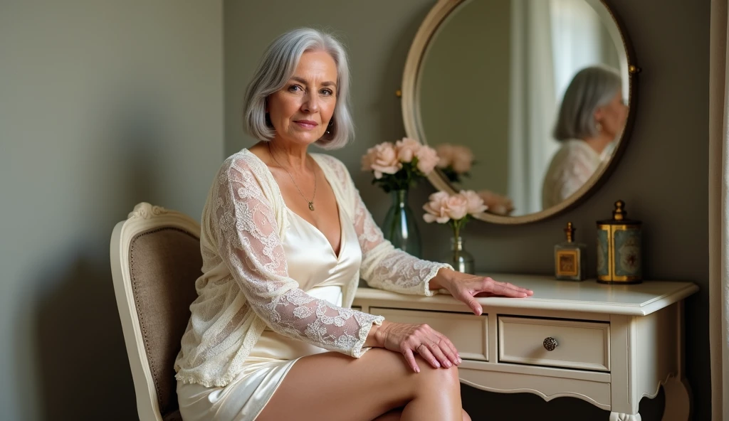 Middle-aged French woman,age 55,Real faces,with short golden hair,Slim figure,extremely large bosom,A sagging breast,Silky sheer sheer nightdress,short skirt,long leges,stocklings,slippers