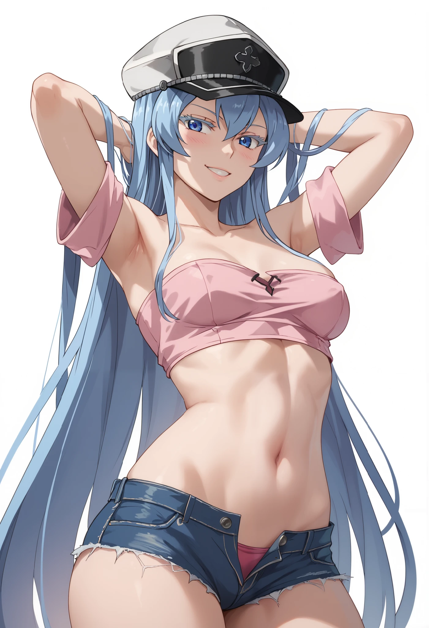 esdeath, blue eyes, blue hair, long hair, large breast, eyelashes, red face, (cowboy shot), bedroom background, pink and white background, pink bedroom, bangs, midriff, (pink tube top), denim hotpants, open fly, gyaru clothes, thighighs, small breasts, light blush, seductive smile, arms behind head, hat