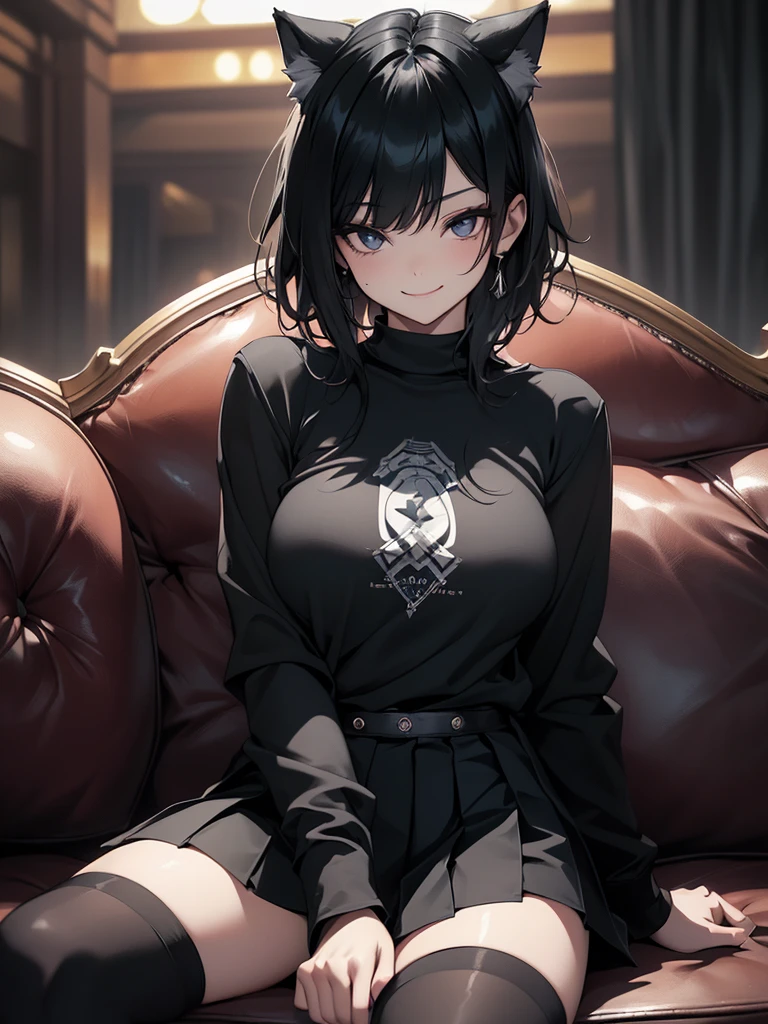 8k,  top quality, The real picture,  complex details, Very detailed,  super high resolution ,  depth field , ( realistic, realistic),  table top in front of you, (((Sit on a large leather sofa ))), (((( 1 girl)))), ((smile)), eye_Chan,  very beautiful , innocent big eyes,  beautiful breasts, 非常に詳細なeye, ( beautiful breasts), (( black hair)), ( wolf cut hair),  perfect skin, Fair skin,  small breasts, Tight waist, Alone,  Staring at viewers, ((( oversized long sleeve t-shirt))), (( Pleated Miniskirt)), (( Knee High Socks)), (( hotel suites))