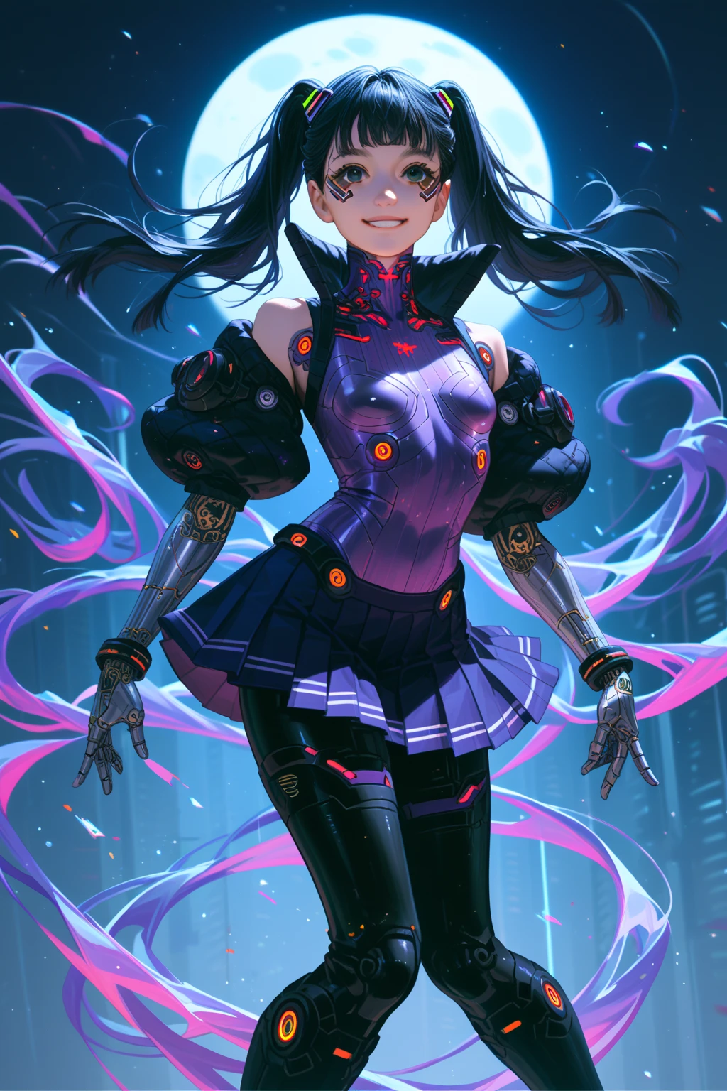 best quality,<lora:add_detail:0.3>, (1girl, solo, adult female, mature female), <lora:detailed_eyes:1>, <lora:concept_goodHands:1>, black hair, twin drills haircut, liquid eyeliner, amber eyes, 
 <lora:style_pastTech_(plasttech--synthetic--scifi):0.9>, plasttech, synthetic, scifi, 
magical girl, plasttech magical girl, magical girl outfit, [muscular], highleg leotard, frilly, plasttech tiara, magical girl pose, smile, looking at viewer, (magic background, magic circle background, starry background)