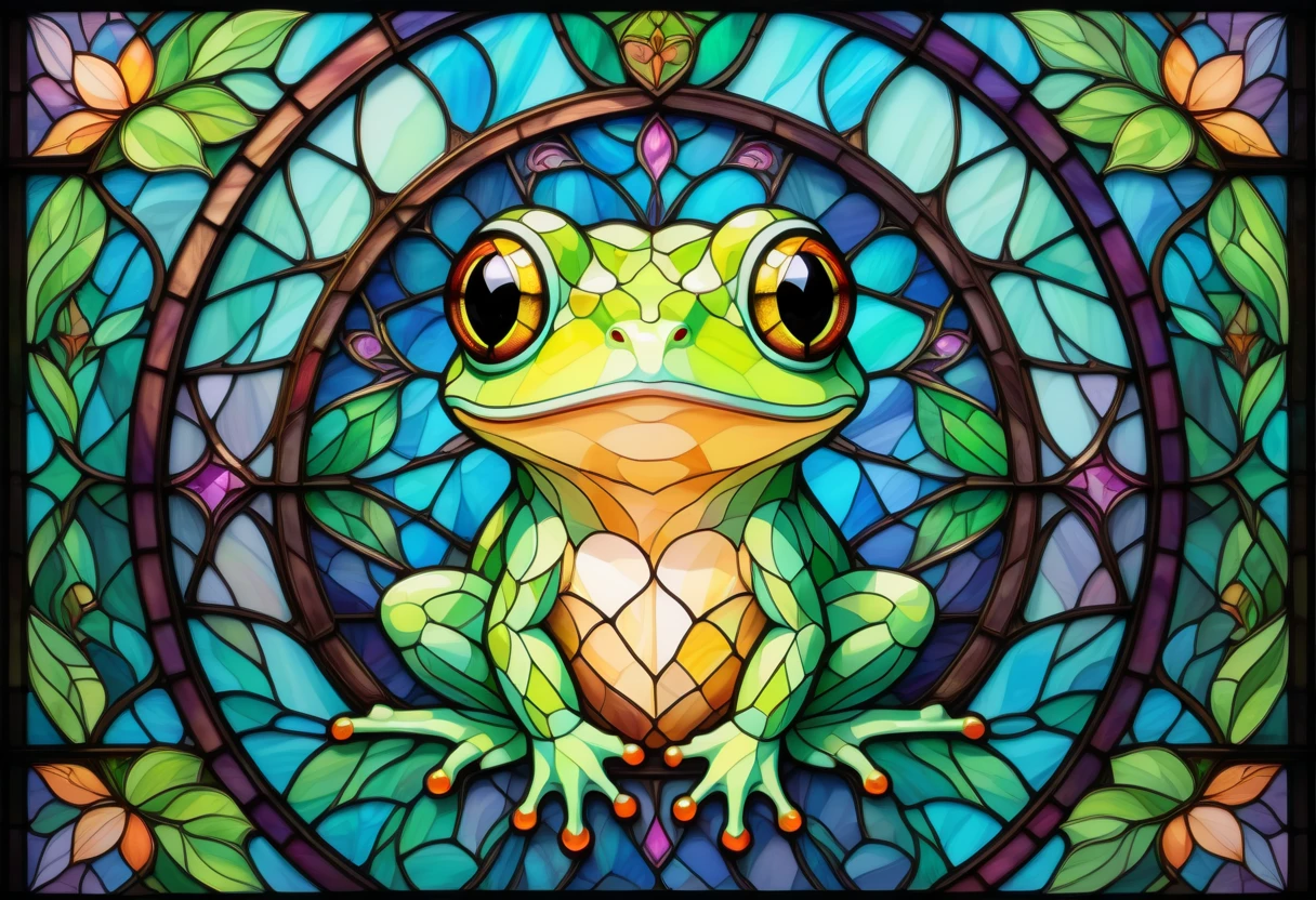 2D Stained Glass window, cute frog in window frame. dungeons and dragons art. symmetrical design, in the style of stained glass. Digital stained glass style. pastel color scheme