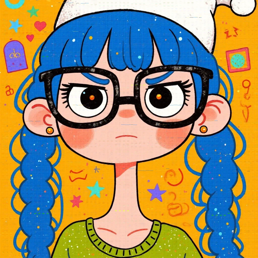 cartoon drawing of a girl with glasses and a hat, 2 d anime style, 2d illustration, 2 d illustration, vibrant fan art, 2 d style, 2d digital illustration, by Kanbun Master, candypunk character design, cute art style, digital 2d illustration, colorfull illustration, little angry girl with blue hair, 2 d gouache illustration