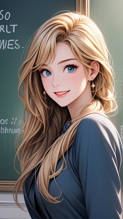  super high resolution  、  top quality 、masterpiece:1.2、 one beautiful woman inside the aquarium building  、２５age、 school teacher 、 blondes、 blue eyes、Navy Suit、 school classroom、  cute pose 、 blackboard 、smile、(( depicting only the upper body ))、(( close-up of a woman ))