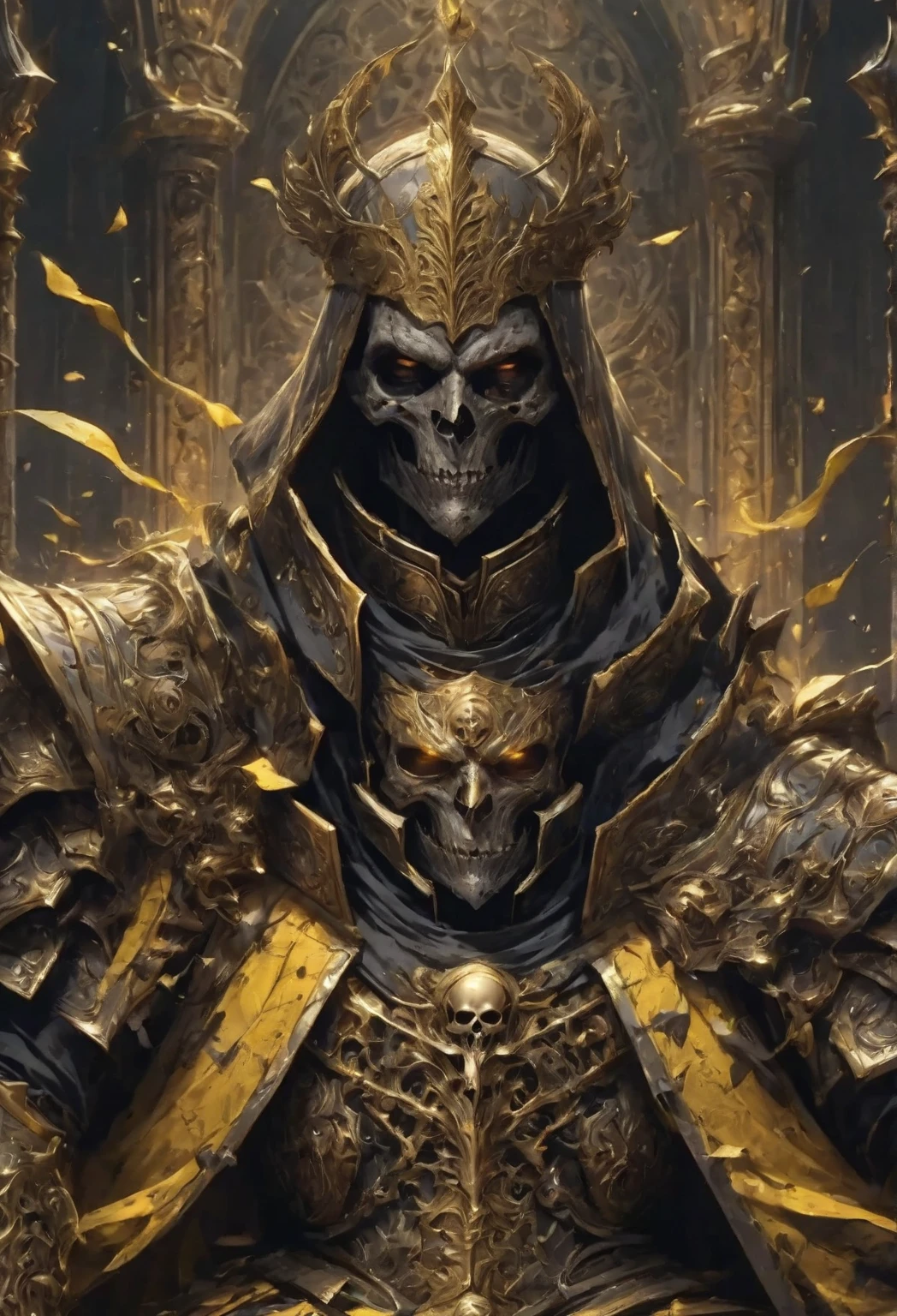 (masterpiece, best quality, ultra-detailed, best shadow), (detailed background, dark fantasy), templari, priest, medieval armor full gold. black skull face , clothe black and little gold, terror in face, crazy, eyes yellow, League of legends stile.