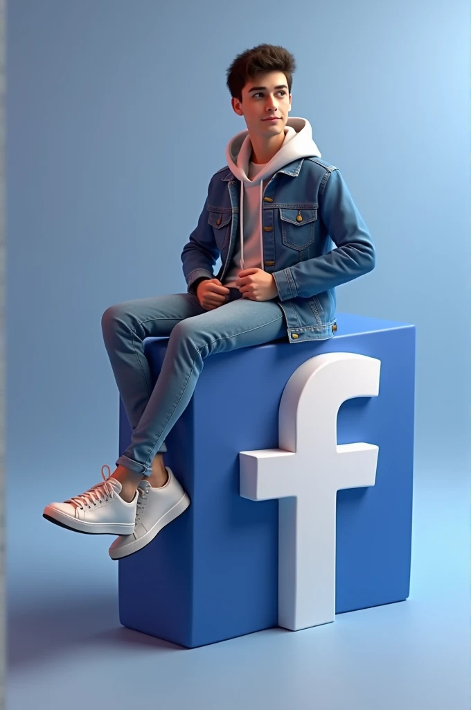 create a 3D illustration of an animated character sitting casually of a social media logo "Facebook" .The character must wear casual modern clotting such as jeans jacket and sneakers.The background of the image in a social media profile page with a user name "zahidawan.20" and profile picture that mach.
